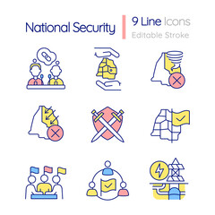 National security RGB color icons set. Freedom and safety defense. Isolated vector illustrations. Simple filled line drawings collection. Editable stroke. Quicksand-Light font used