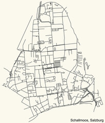 Detailed navigation black lines urban street roads map of the SCHALLMOOS DISTRICT of the Austrian regional capital city of Salzburg, Austria on vintage beige background