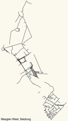 Detailed navigation black lines urban street roads map of the MAXGLAN WEST DISTRICT of the Austrian regional capital city of Salzburg, Austria on vintage beige background