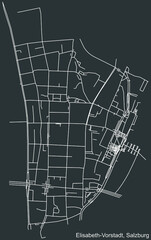 Detailed negative navigation white lines urban street roads map of the ELISABETH-VORSTADT DISTRICT of the Austrian regional capital city of Salzburg, Austria on dark gray background