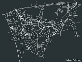 Detailed negative navigation white lines urban street roads map of the ITZLING DISTRICT of the Austrian regional capital city of Salzburg, Austria on dark gray background