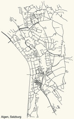 Detailed navigation black lines urban street roads map of the AIGEN DISTRICT of the Austrian regional capital city of Salzburg, Austria on vintage beige background