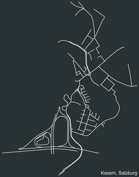 Detailed negative navigation white lines urban street roads map of the KASERN DISTRICT of the Austrian regional capital city of Salzburg, Austria on dark gray background
