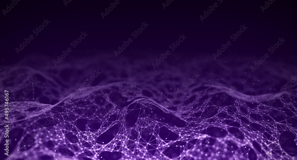 Poster Low poly shape with connecting dots and lines on purple background. Abstract polygonal space, dark background with connecting dots and lines. 3d rendering. Big data visualization.