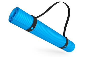 Blue yoga mat or lightweight foam camping bed roll pad isolated on white.