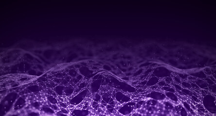 Low poly shape with connecting dots and lines on purple background. Abstract polygonal space, dark background with connecting dots and lines. 3d rendering. Big data visualization.
