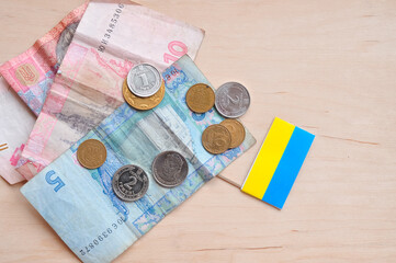 Ukrainian national money Ghryvna and coins copy space
