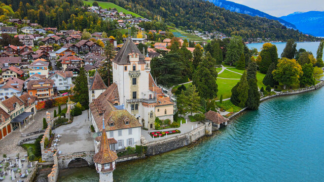 Famous Castle Oberhofen at Lake Thun in Switzerland - drone footage