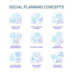 Social planning blue gradient concept icons set. Society issues and concerns. Community changes idea thin line color illustrations. Isolated symbols. Roboto-Medium, Myriad Pro-Bold fonts used