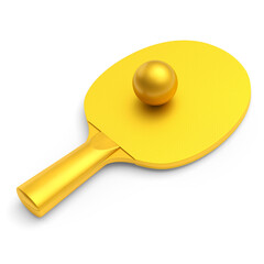 Yellow ping pong racket for table tennis with gold ball isolated on white