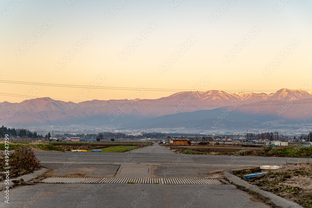 Wall mural 夕方の朝日村　田園風景