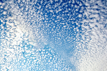 beautiful clouds against the blue sky, High white cirrus clouds with cirro-stratus in a light blue sky, sometimes called stool tails, indicate fine weather, but stormy changes come within days.
