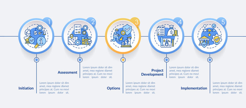 Heritage conservation process circle infographic template. Data visualization with 5 steps. Process timeline info chart. Workflow layout with line icons. Lato-Bold, Regular fonts used