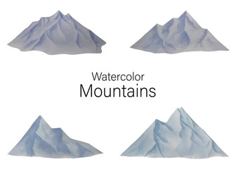 Mountains watercolor clipart. Hand drawn rocky mountains collection. Blue high mountain landscape isolated on white background