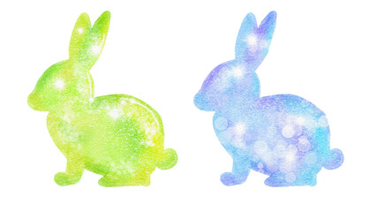 Watercolor Easter bunnies rabbits with shiny shimmering glitter texture, pastel colors design. April spring religious celebration, for cards invitations prints.