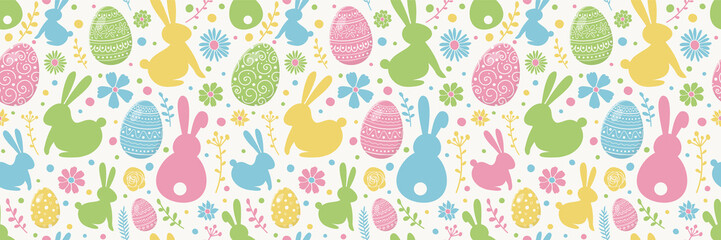 Easter pattern with decorative eggs, bunnies and flowers. Wallpaper or wrapping paper concept. Banner. Vector