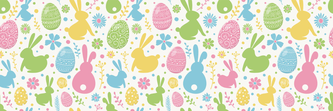 Easter pattern with decorative eggs, bunnies and flowers. Wallpaper or wrapping paper concept. Banner. Vector