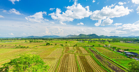 Fototapeta na wymiar Farms and mountains in Asia,Aerial top view of grass and crops field with green Mountain hill in agriculture concept. Nature landscape background in Thailand.