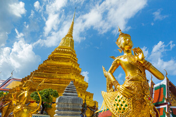 Wat Phra Kaew, Bangkok, Thailand,Wide angled view of Buddha sculpture Kinora or Kinnaree (...