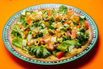Um prato com salada de vegetais frescos sobre superfície de cor alaranjada.