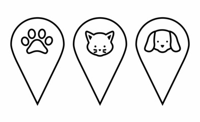 Location pin set. Pins indicating the location of a veterinary clinic, pet store, animal care center. Badges depicting cat and dog faces, paw prints. Design elements for games, mobile apps, banner, 