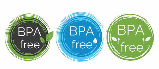 Free BPA icon set. Round badge with water drop and leaves. Bisphenol A and phthalates free flat vector illustration