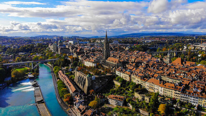 Fototapeta premium Aerial view over the city of Bern - the capital city of Switzerland - the historic district from above