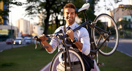Just think how much petrol youre saving. Shot of a businessman commuting to work with his bicycle.