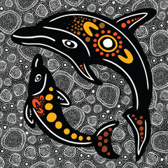 Mother and baby dolphin dot painting - Aboriginal © rashmisingh