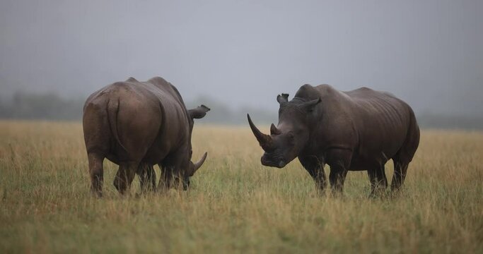 Two white rhinos are fighting in the savannah