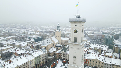 Aerial view of the Lviv old town in winter