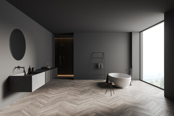 Grey bathroom interior with sink, tub, douche and panoramic window