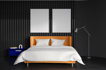 Black bedroom interior with bed and nightstand with decoration. Two mockup frames
