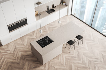 Top view of kitchen interior with seats and island, shelves and kitchenware, window