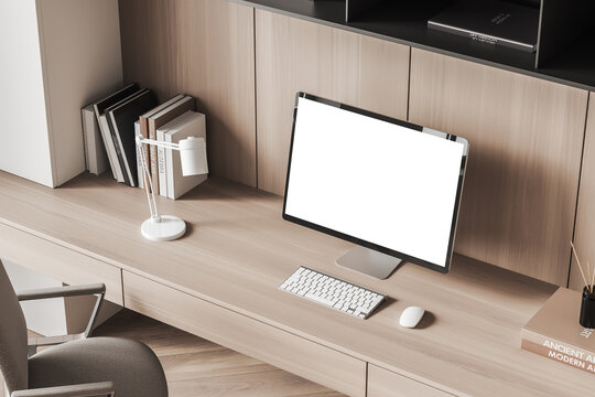 Home office interior with wooden table and pc mockup screen, top view