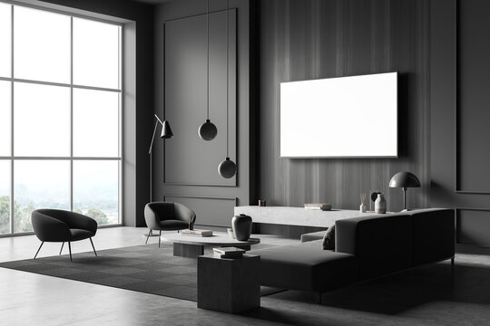 Lounge room interior with seats and tv set, panoramic window. Mockup display