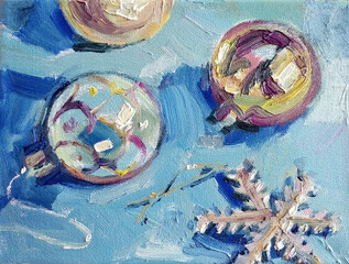 Oil painting sketch of blue color Christmas balls