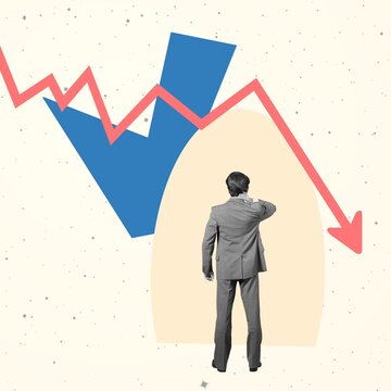 Office worker with prevent falling graph arrow symbolizing financial and business failure