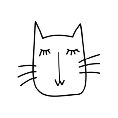 Cute baby black line face of Scandinavian cat. Hand drawn illustration of a flat. Design element of t-shirt, home textiles, wrapping paper, children textiles