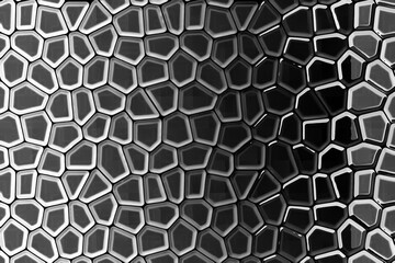 A gray, illuminated computer-generated illustration of an irregular honeycomb