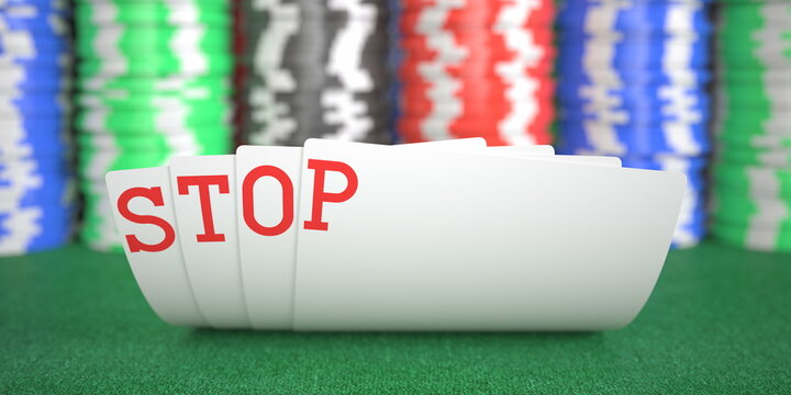A hand of playing cards with stop text. 3d rendering