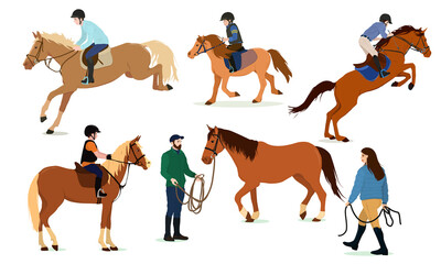a set of vector illustrations on the theme of equestrian sports. Horses with riders in different poses. Training and care of horses.