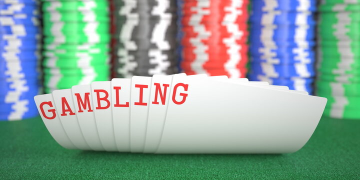 A hand of playing cards with gambling text. 3d rendering