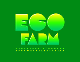 Vector modern sign Eco Farm. Green creative Font. Artistic Alphabet Letters and Numbers set