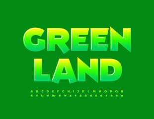 Vector bright Emblem Green Land with glossy Font. Modern Alphabet Letters and Numbers