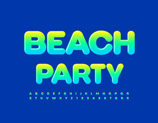 Vector glossy Emblem Beach Party. Glossy gradient Font. Artistic Alphabet Letters and Numbers set