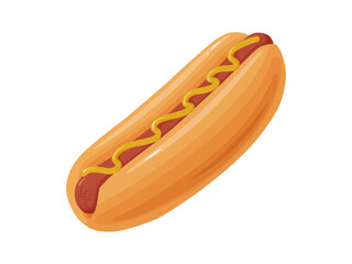 Hot Dog. Illustration fast food in cartoon style. Sausage in a bun with mustard.