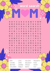 Mother's Day word search puzzle.  Festive crossword suitable for social media post. Сolorful worksheet for learning English words.Fun printable party activities.  Party card. Find 16 hidden words. 