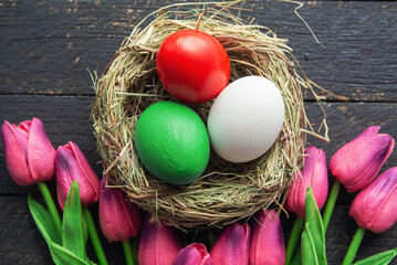 Happy Easter holiday card, Easter eggs as the color of the Italian flag red, white, green.	
