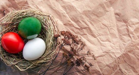 Happy Easter holiday card, Easter eggs as the color of the Italian flag red, white, green.	
